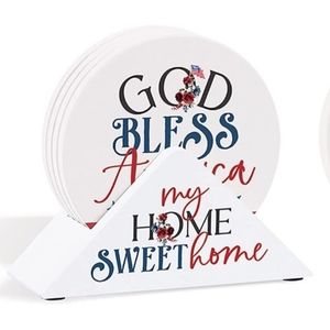 Four "God Bless America" 4" Sandstone Coasters w/ "Home Sweet Home" Holder.